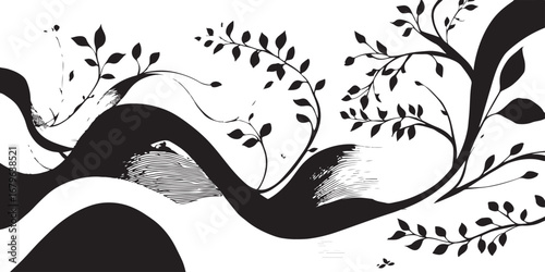 Abstract Black and White Landscape with Winding Hills and Delicate Foliage Creating a Serene Visual Experience