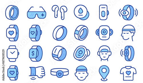 Variety of fitness and wearable technology icons in blue, showcasing modern health tracking devices and accessories