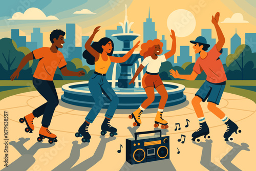 Friends enjoying roller skating together at a park fountain during sunset with music playing in the background