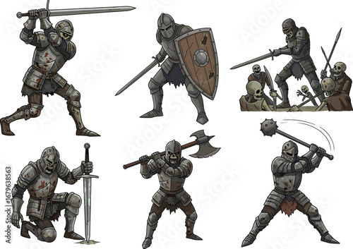 Zombie knight cartoon illustration, undead warrior in medieval armor with sword and shield, horror fantasy artwork, apocalypse battle design