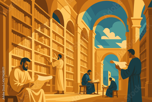 Illustration of ancient scholars studying scrolls in the Library of Alexandria under grand classical architecture