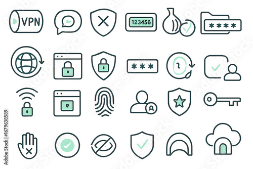 Set of cybersecurity and data privacy icons including VPN, passwords, biometrics, and secure access symbols