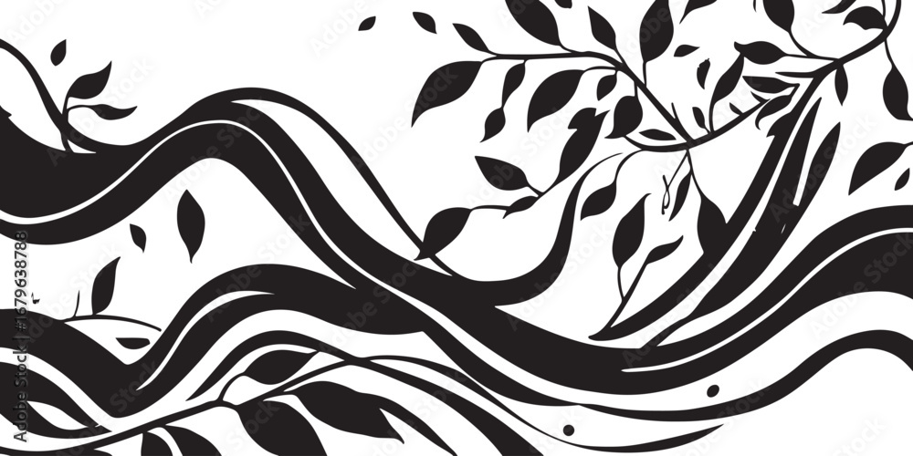Fototapeta premium Elegant Black and White Floral Design with Wavy Lines and Decorative Leaves for Creative Projects and Artistic Backgrounds