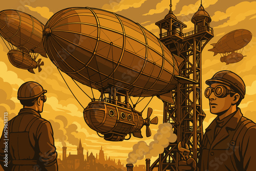 Steampunk airship launch scene with engineers and dirigibles in vintage industrial cityscape, retro-futuristic illustration