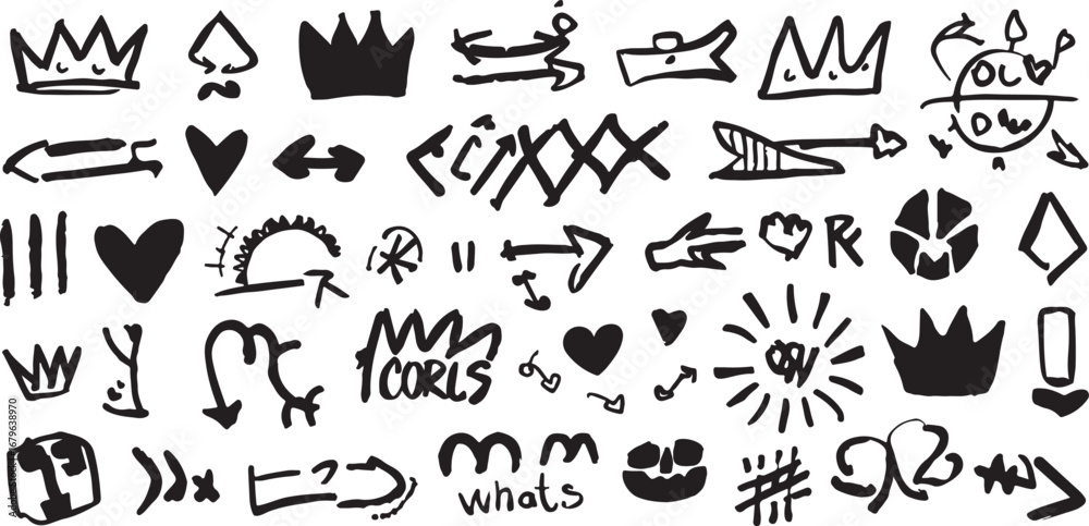 Fototapeta premium Hand Drawn Doodle Icons with Arrows Crowns and Hearts on White Background Vector Illustration for Designs and Creative Projects
