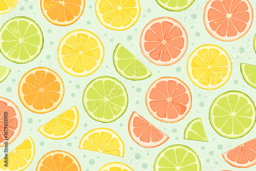 Seamless watercolor pattern of citrus fruit slices including lemon, lime, orange, and grapefruit with colorful dots on mint green background