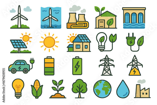 Renewable energy icons representing various sustainable power sources and technologies for green initiatives