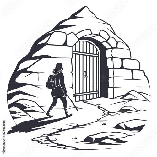 Ancient gate glowing inside frozen desert silhouette