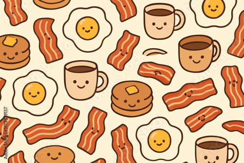 Breakfast food pattern featuring pancakes, eggs, coffee, and bacon in a cheerful design
