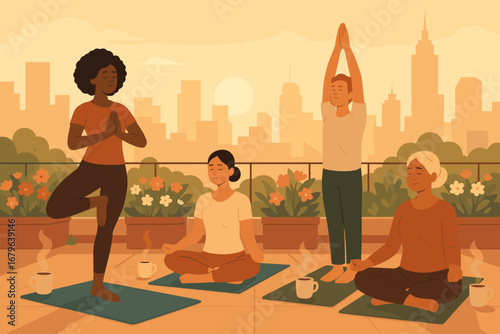 Group of women practicing yoga on a rooftop terrace during sunrise in an urban setting