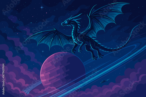 Majestic dragon soars through a cosmic landscape near a vibrant gas giant planet