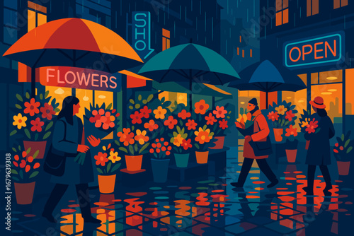 Vibrant flower shop on a rainy evening with colorful umbrellas and glowing lights in the city
