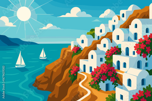 Colorful hillside village with white buildings near blue sea on a sunny day in a coastal landscape