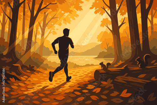 Runner enjoys autumn scenery by the lakeside during a sunny afternoon