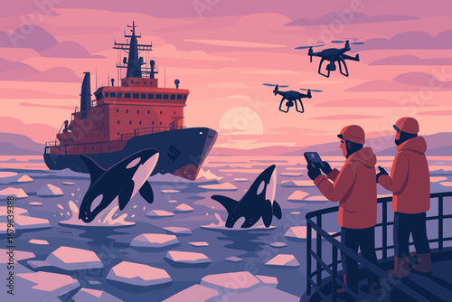 Research team observes orcas near icebreaker ship at sunset while using drones for study in Arctic waters