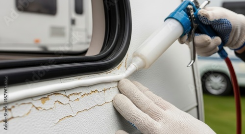 Applying white caulk to a cracked RV window frame with gloved hands and a blue caulk gun