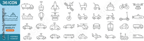Transport Mobility Line Icon Set – Vehicles, Car, Ship, Airplane, Drone, Train, Scooter