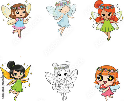 Cartoon fairies, flower crown girls, whimsical wings, fantasy characters, magical outfits, cute children, colorful costumes, enchanted forest theme, vector illustration, clipart