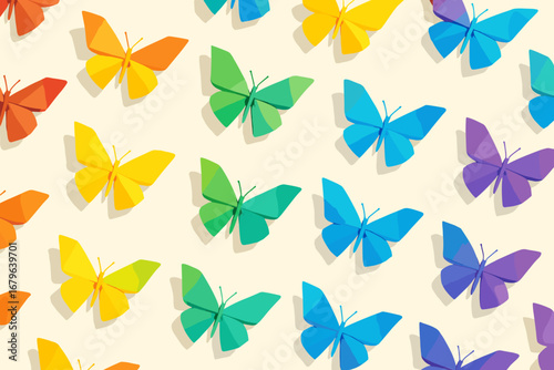 Colorful paper butterflies create a vibrant pattern on a pastel background, showcasing creativity and craft skills in a decorative display