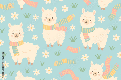 Cute llamas wearing colorful scarves in a cheerful floral pattern on a blue background