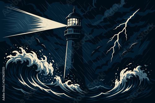 Stormy night at a coastal lighthouse with waves crashing and lightning illuminating the sky