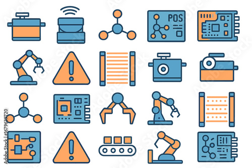 Icons representing industrial automation, technology systems, and data processing in a modern workspace environment