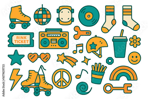 Nostalgic roller skating party elements featuring disco balls, music, and vibrant icons set against a fun theme