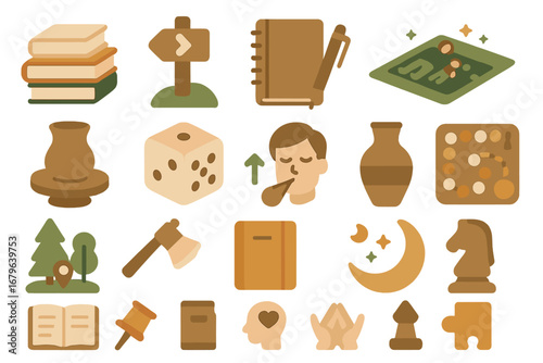 Assorted icons representing various hobbies and interests for creative minds and leisure activities