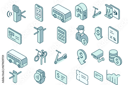 Icons representing various modes of transportation, payment options, and services in an urban environment