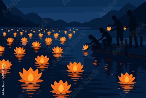 Floating lanterns illuminate a peaceful lake at night as people release their wishes into the water with hope and tranquility