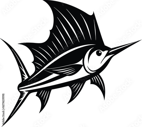 Vector art of dynamic sailfish leaping from water, showcasing its distinctive dorsal fin and bill, symbolizing speed, agility, and the thrill of sport fishing, perfect for marine or adventure themes