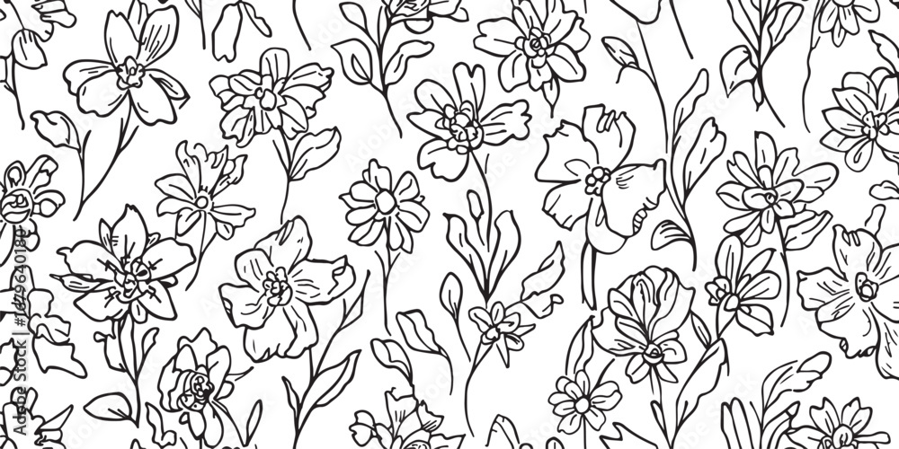 Fototapeta premium Elegant floral seamless pattern with hand drawn flowers and leaves delicate monochrome botanical background great for textile and wallpaper designs