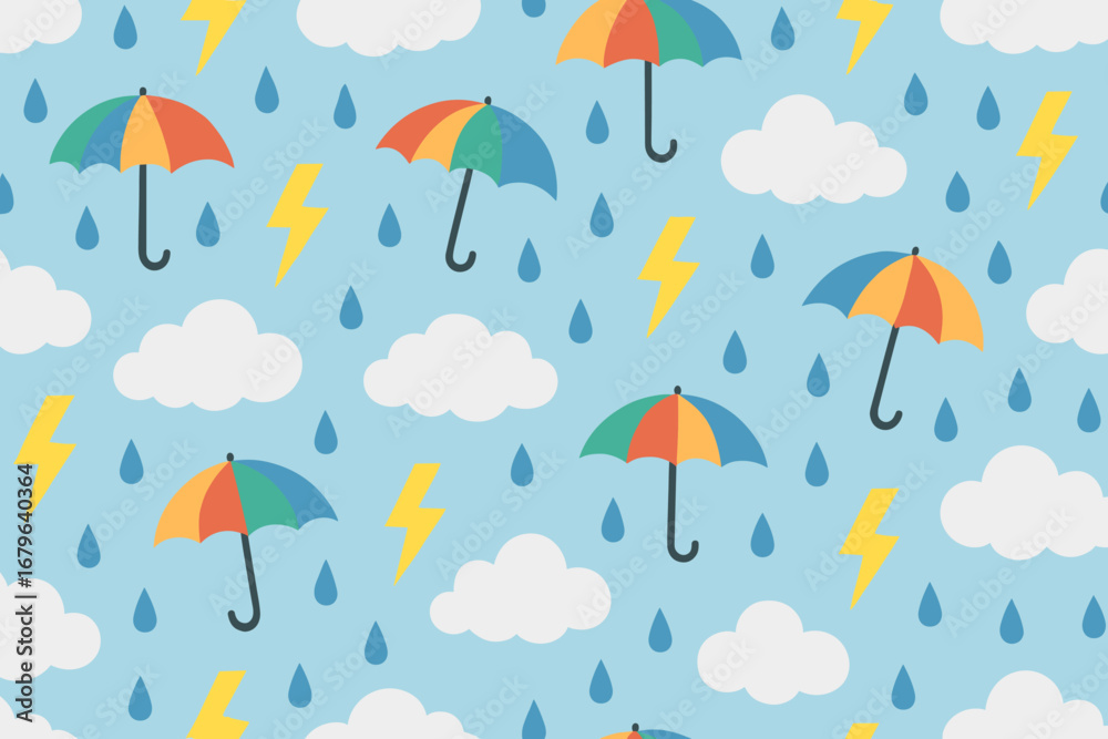 custom made wallpaper toronto digitalSeamless weather pattern with colorful umbrellas, rain clouds, raindrops, and lightning bolts on blue background