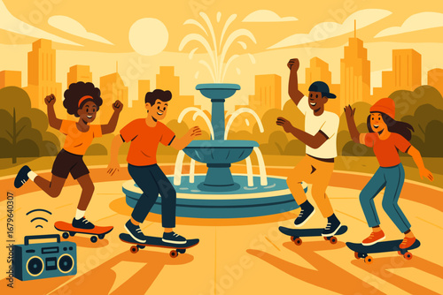 Friends enjoy skateboarding and dancing near a fountain in a city park during sunset, showcasing a vibrant urban atmosphere