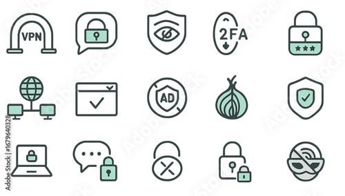 Cybersecurity and privacy icon set with VPN, encryption, password protection, and anonymous browsing symbols on dark background