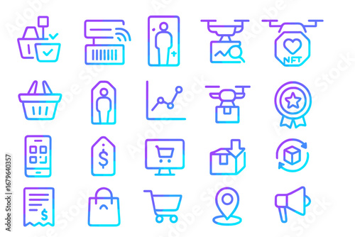 Neon gradient ecommerce and digital marketing icon set in futuristic cyber style on glowing background
