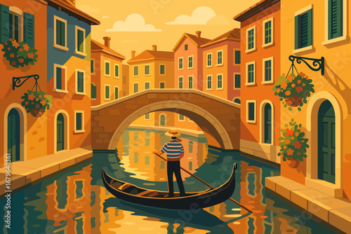 Colorful illustration of gondolier rowing through a Venetian canal at sunset with vibrant buildings and stone bridge