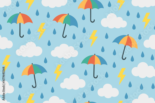Seamless weather pattern with colorful umbrellas, rain clouds, raindrops, and lightning bolts on blue background