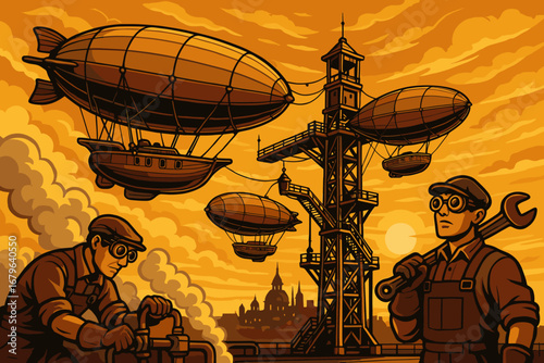 Steampunk airship scene with engineers and industrial tower at sunset, vintage retro illustration in warm orange tones