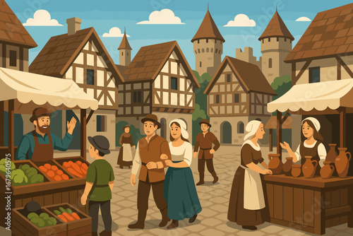 Medieval Town Market Scene with Villagers Shopping for Pottery and Vegetables in Front of Timber-Framed Houses and Castle Towers