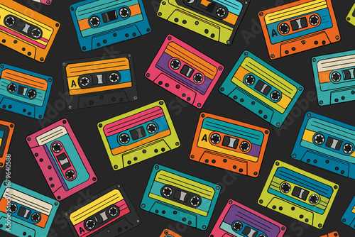 Seamless Retro Pattern of Colorful Audio Cassette Tapes on Black Background in Vintage 80s Style