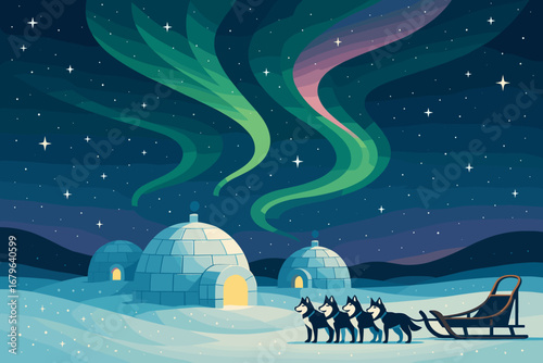 Winter Night Illustration with Igloos, Dog Sled Team, and Northern Lights in Arctic Landscape