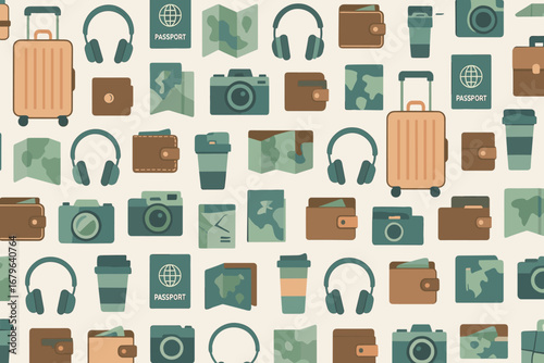 Travel gear and essentials pattern featuring luggage, maps, and accessories for an adventurous trip