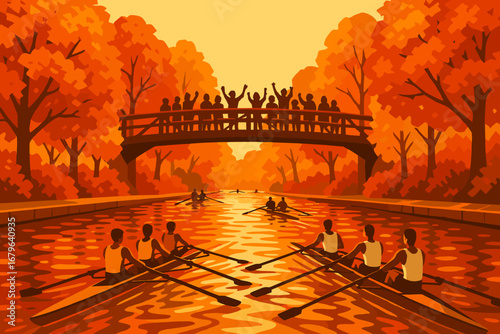 Rowers compete under a vibrant autumn sunset with cheering spectators on a bridge