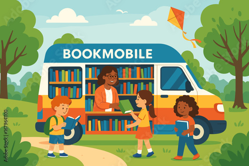 Children enjoy reading and learning with a friendly librarian at a mobile library in a sunny park on a warm afternoon