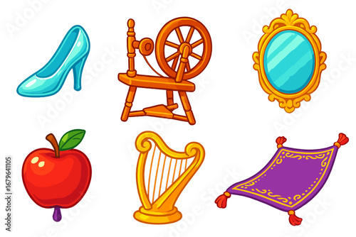 Colorful collection of artistic objects, including a shoe, spinning wheel, and mirror, ideal for creative decoration or storytelling