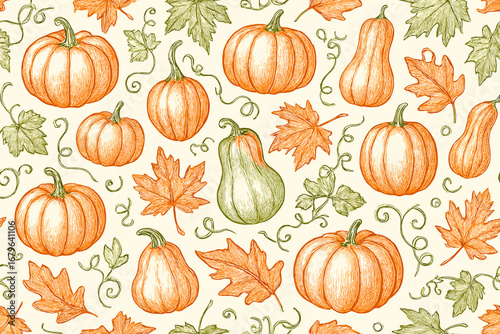 Colorful pumpkin and leaf pattern showcasing autumn harvest and seasonal changes in a festive design