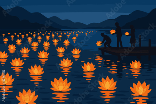 Decorative floating lotus lanterns illuminate a tranquil lake at dusk as people gather to participate in a meaningful ritual