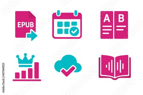 Various colorful icons representing digital publishing tools and resources for eBooks and online content management