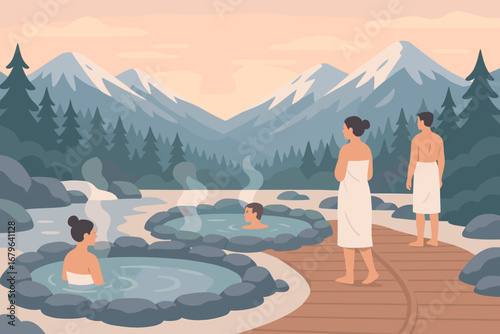 Relaxing in natural hot springs surrounded by mountains at sunset with guests enjoying the serene atmosphere and warm water